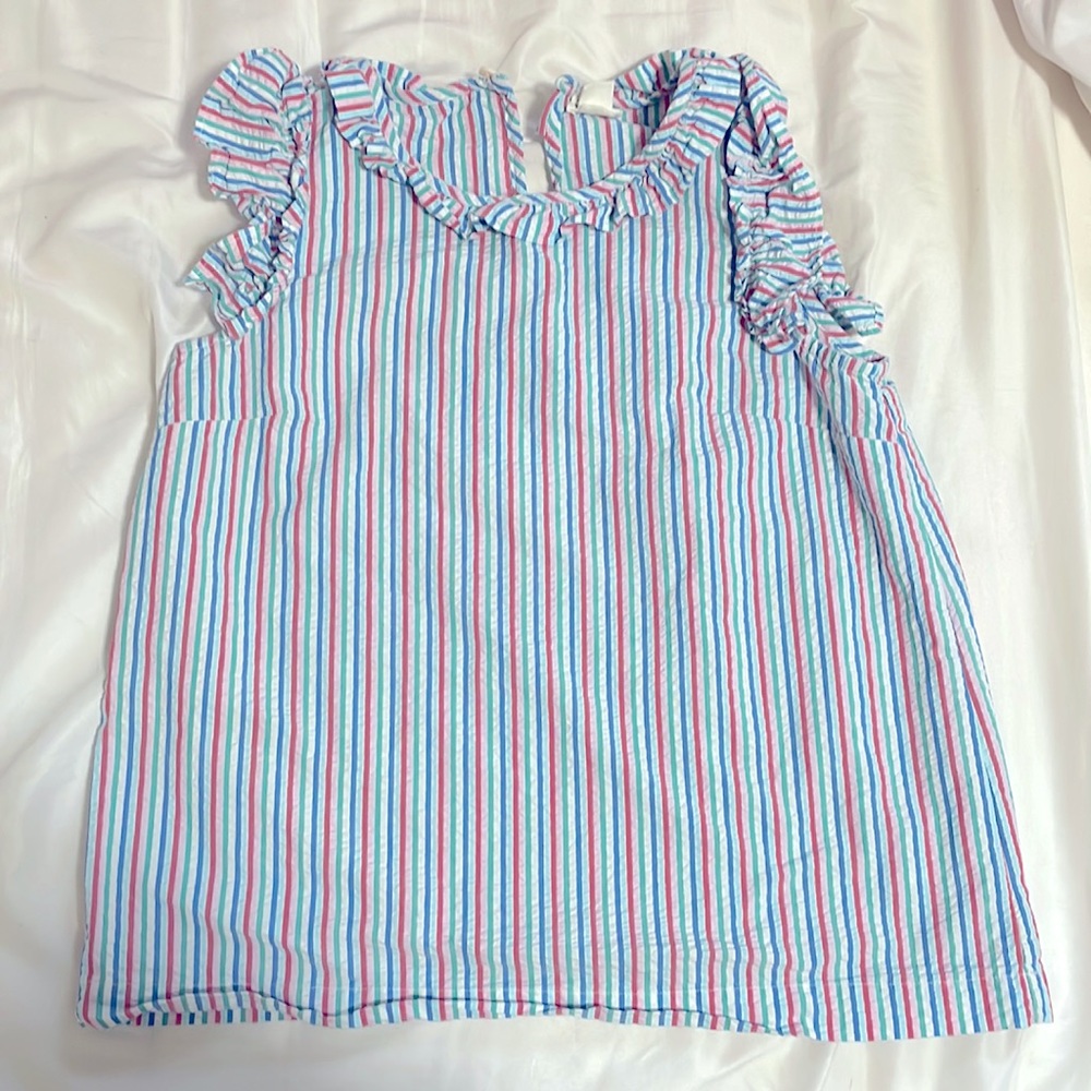 Red blue green white pinstriped ruffled girls youth 8-12 (M) short sleeved shirt
